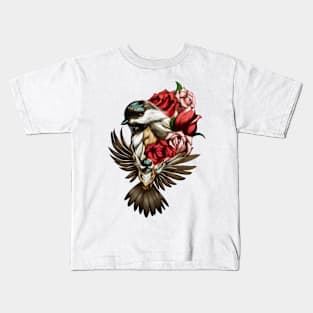 Black-Capped Chickadee and Roses Kids T-Shirt